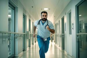 médico corriendo en hospital emergencia, paciente crisis o buscapersonas llamada en icu estrés, trauma fallar o diversidad hospital ,generativo ai. foto