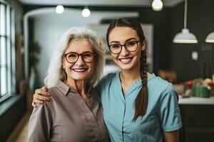 Support, caregiver with senior woman and holding hands for care indoors. Retirement, consulting and professional female nurse with elderly person smiling together for healthcare at home,Generative AI. photo