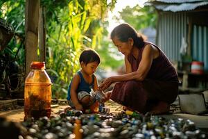 Asia mother teaches her child to separate bottles from trash, recycled bottles in front of the house during daytime, country site ,Generative AI photo