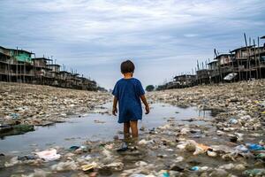 niño mirando a un lote de el plastico residuos en el agua generativa ai . foto