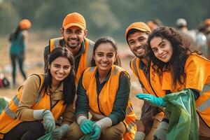 equipo de joven y diversidad voluntario en limpieza arriba basura y residuos separación proyecto ,generativo ai foto