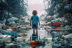 niño mirando a un lote de el plastico residuos en el agua generativa ai . foto