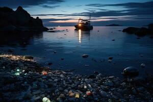 basura desde el plastico botellas en el mar , noche ,generativo ai foto