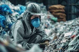 un trabajador en la seguridad engranaje clasificación mediante un pila de reciclable materiales para ambiental sustentabilidad ,generativo ai foto