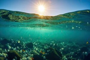 basura desde el plastico botellas en el mar ,generativo ai foto