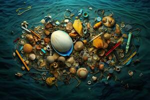 Garbage from plastic bottles in the sea , top view  ,Generative AI photo