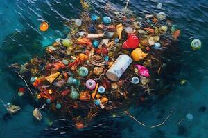 Garbage from plastic bottles in the sea , top view  ,Generative AI photo