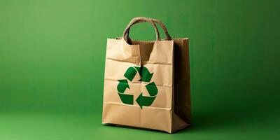 Paper bag with recycling symbol on green background with copy space ,Generative AI photo