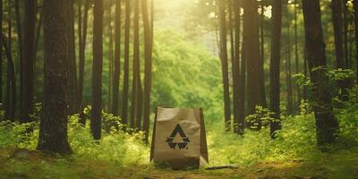 Paper bag with recycling symbol on forest background with copy space for text  ,Generative AI photo