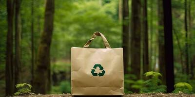 Paper bag with recycling symbol on forest background with copy space for text  ,Generative AI photo