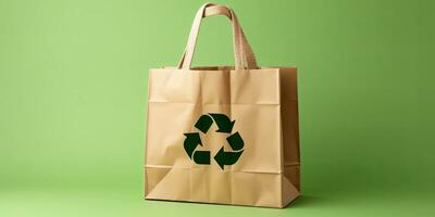 Paper bag with recycling symbol on green background with copy space ,Generative AI photo