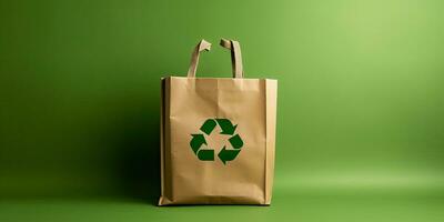 Paper bag with recycling symbol on green background with copy space ,Generative AI photo