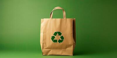 Paper bag with recycling symbol on green background with copy space ,Generative AI photo