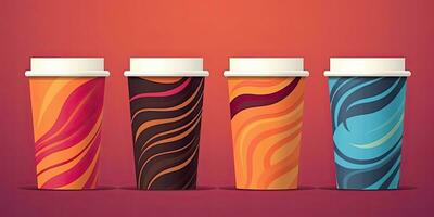 Set of disposable coffee cups with abstract drawing. Coffee to go or take away coffee concept.  ,Generative AI photo