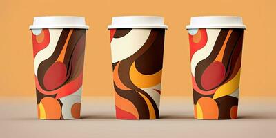 Set of disposable coffee cups with abstract drawing. Coffee to go or take away coffee concept.  ,Generative AI photo