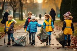 Group kids dropping the bottle Separating waste plastic bottles into recycling bins is to protect the environment   ,Generative AI photo