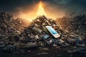 Smartphone waste in the garbage land ,Generative AI photo