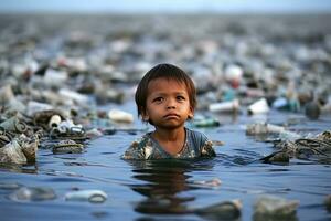 niño mirando a un lote de el plastico residuos en el agua generativa ai . foto