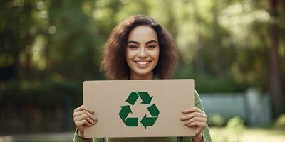 Happy woman holding paper with green recycling sign over natural background ,Generative AI photo