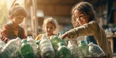 Close up hand kids dropping the bottle Separating waste plastic bottles into recycling bins is to protect the environment ,Generative AI photo