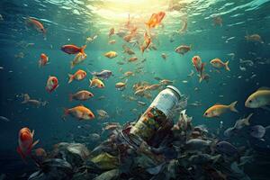 Dead of many fish in the water among plastic bottles and garbage, concept  pollution of nature and water bodies ,Generative AI photo