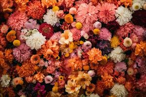 Beautiful flower wall background with Wedding decoration, hand made. Generative AI photo