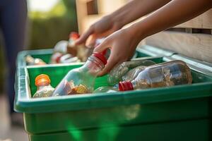 Close up hand separating waste plastic bottles into recycling bins is to protect the environment , copy space for text  ,Generative AI photo