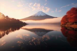 Mountain Fuji with morning fog and red leaves at lake Kawaguchiko is one of the best places in Japan ,Generative AI photo
