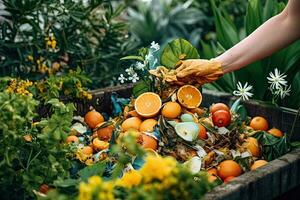 Closes up hand composting food waste in backyard compost bin garden,Generative AI photo