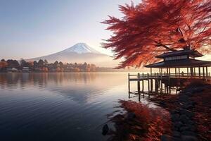 Mountain Fuji with morning fog and red leaves at lake Kawaguchiko is one of the best places in Japan ,Generative AI photo