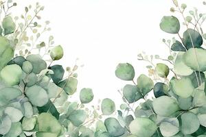 Watercolor green floral banner with  branches isolated on white background, copy space , Generative AI photo