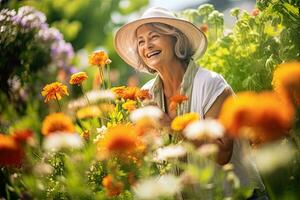 hermosa mayor mujer disfrutando en jardín flores a el verano Dom ,generativo ai foto