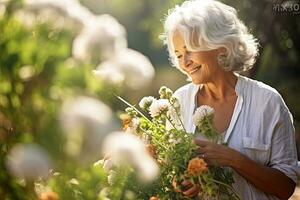 hermosa mayor mujer disfrutando en jardín flores a el verano Dom ,generativo ai foto