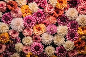 Beautiful flower wall background with Wedding decoration, hand made. Generative AI photo