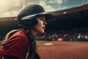 Close up  baseball young woman in action on the stadium,Generative AI. photo