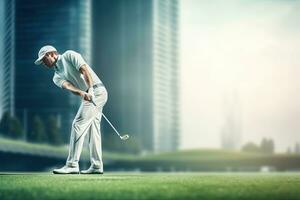 Golf young man in action on the stadium ,Generative AI. photo