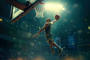 Basketball man scoring a slam dunk basket ,Generative AI. photo