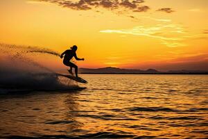 Silhouette of a man on a wakeboard taking off over. Generative AI. photo