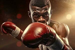 Boxing african young man in action on the stadium ,Generative AI. photo