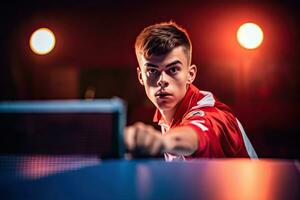 Table Tennis young man in action on the stadium,Generative AI. photo