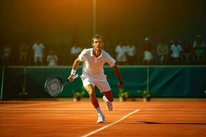 tenis joven hombre en acción en el estadio ,generativo ai. foto