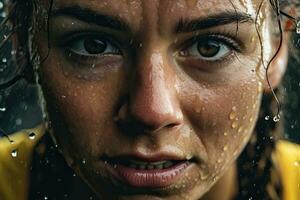 Close up professional woman  athlete with  focus in his eyes and sweat pouring down.Generative AI photo