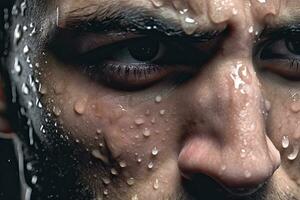 Close up professional athlete with  focus in his eyes and sweat pouring down.Generative AI. photo