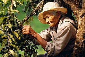 Old woman South America picking coffee from a coffee plantation at fram ,Generative AI photo