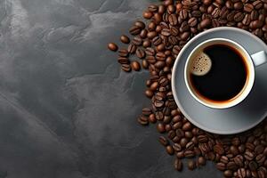 Top view cup of coffee with coffee beans on the wooden background.  Generative AI photo