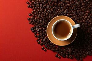 Top view cup of coffee with coffee beans on the wooden background.  Generative AI photo