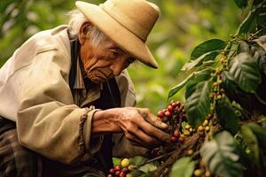 Old man South America farmer picking coffee beans at farm ,Generative AI photo