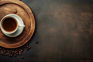 Top view cup of coffee with coffee beans on the wooden background.  Generative AI photo