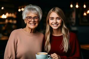 sonriente mayor madre y hija en café a café ,generativo ai foto