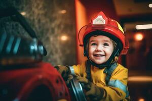 contento niño jugando bombero a interior ,generativo ai. foto